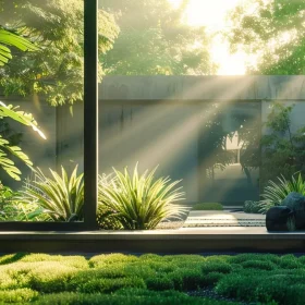 a modern, energy-efficient home with sleek fiberglass windows reflecting a lush green garden, showcasing sustainability and reducing carbon footprint.