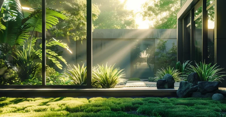 a modern, energy-efficient home with sleek fiberglass windows reflecting a lush green garden, showcasing sustainability and reducing carbon footprint.