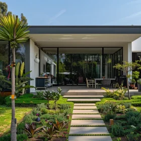 a sleek and modern home with a pristine garden showcasing stylish, low maintenance fiberglass windows.