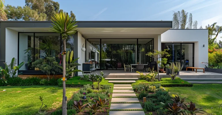 a sleek and modern home with a pristine garden showcasing stylish, low maintenance fiberglass windows.