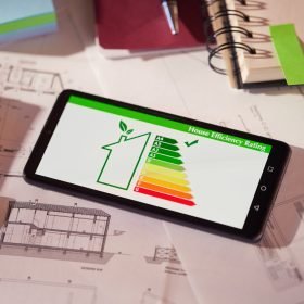 Energy class and efficiency app on phone over architectural plans