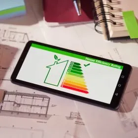 Energy class and efficiency app on phone over architectural plans